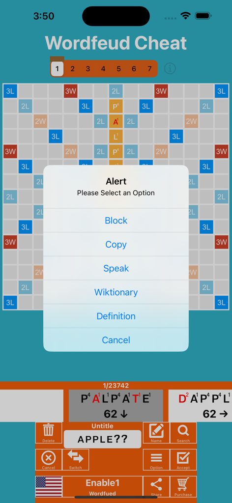 WordFeud Cheat & Helper - WordFeud Cheat app showing word options for definitions and text to speech over a game board