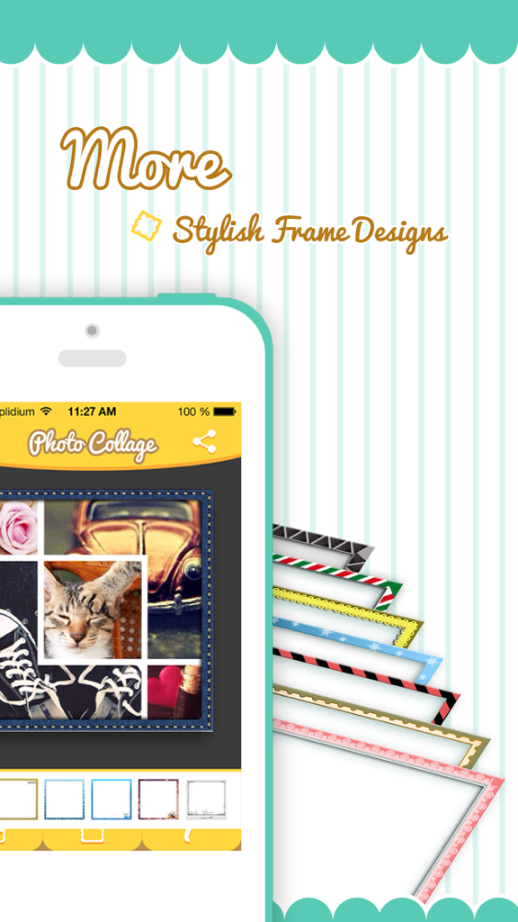 Pic-Frame Grid (Photo Collage Maker and Editor) - A smartphone showing a photo collage with decorative frame options and a cat photo.