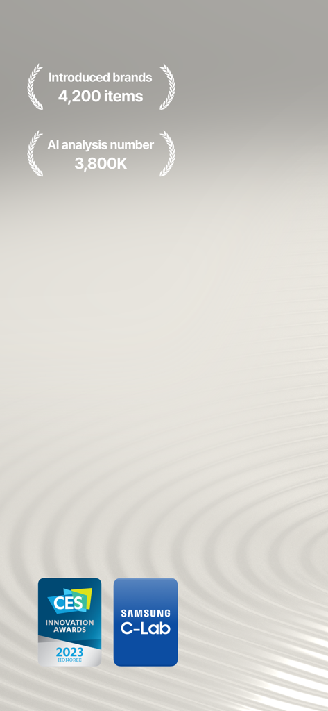 Tela do aplicativo Becon Pro mostrando 4200 marcas, 3,8 milhões de análises de IA e o logotipo do Prêmio de Inovação CES 2023.