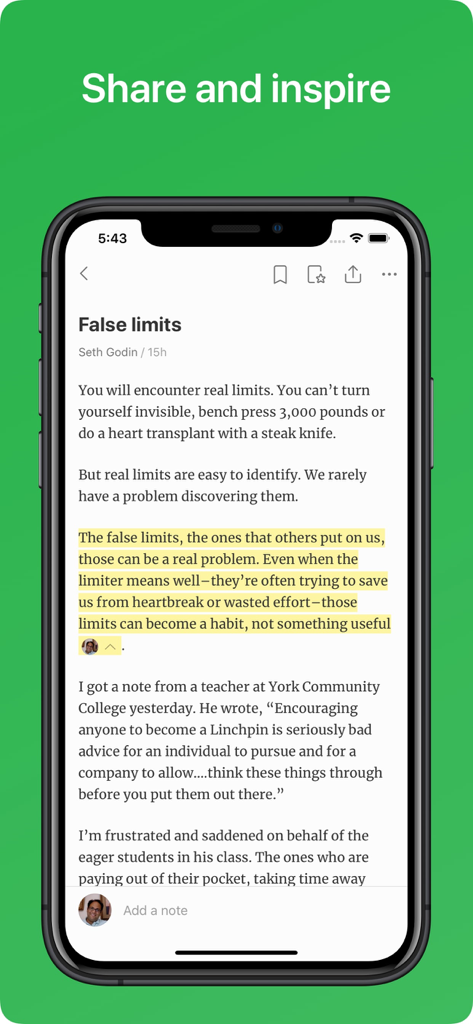 Feedly mobile app interface showing a blog post with highlighted text and sharing options