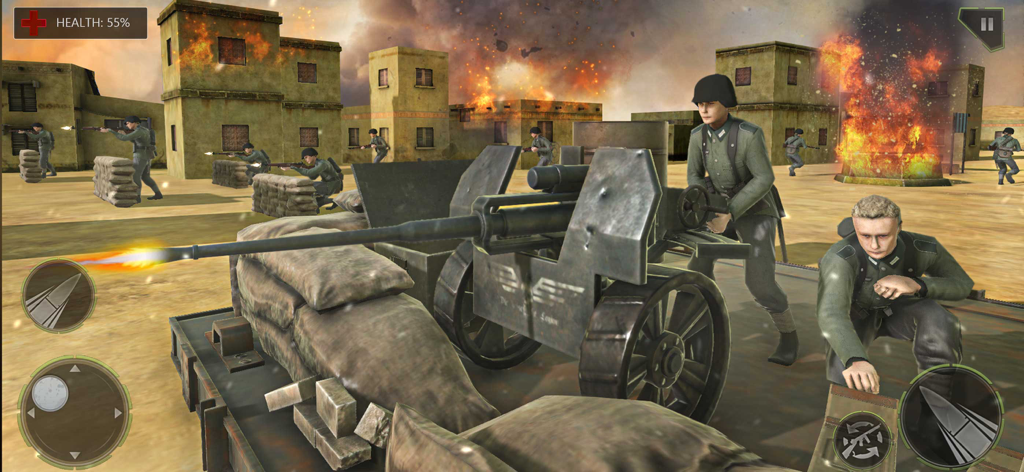 A World War II shooter gameplay scene featuring soldiers with artillery in a ruined city