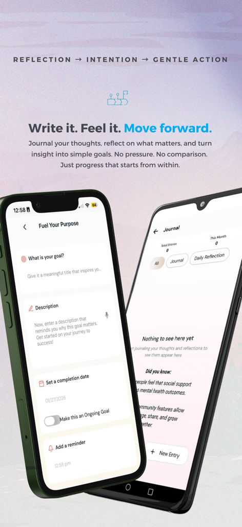 Thrive AI — Your daily guide - Thrive AIモバイルアプリのジャーナリングと穏やかな個人的目標設定用の画面。