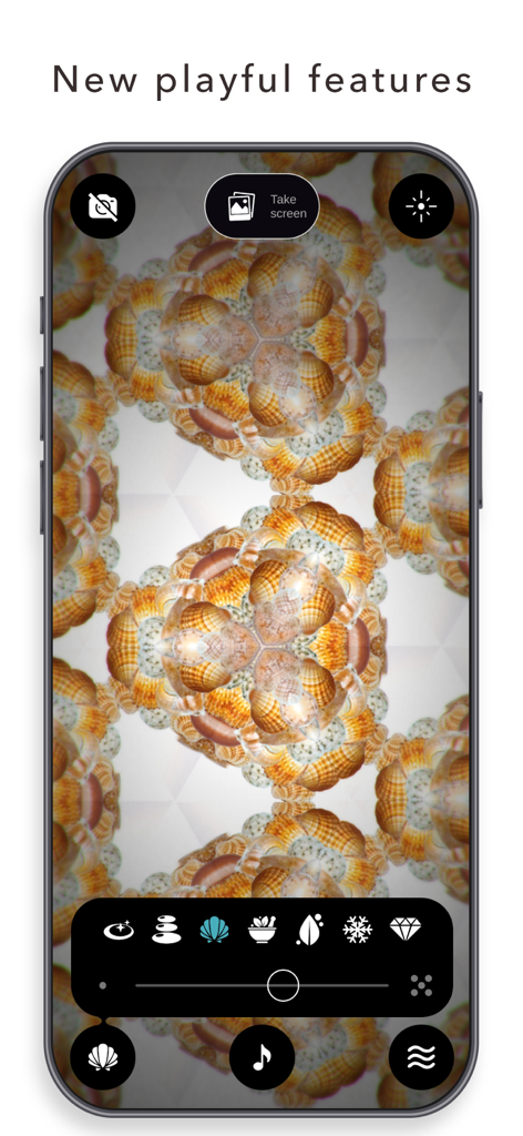 Real Kaleidoscope PRO - A smartphone screen displaying a complex kaleidoscope pattern made of seashells with various feature icons at the bottom