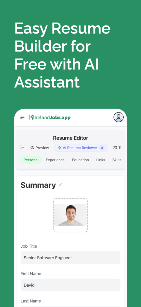 IrelandJobs - Daily Irish Jobs - IrelandJobs mobile app resume editor interface featuring an AI assistant for job seekers