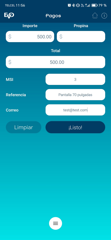 Interfaz de pago de la aplicación móvil iAcepta mostrando opciones de monto, propina y meses sin intereses