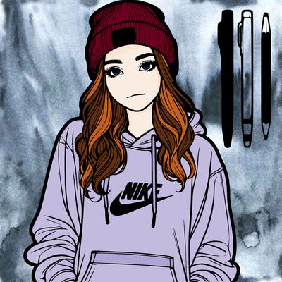 realistic girl wearing a hoodie and a beanie and nikes