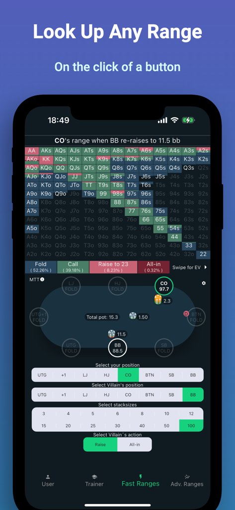 Mobile app interface showing a poker GTO preflop range chart and table configuration for optimal strategy