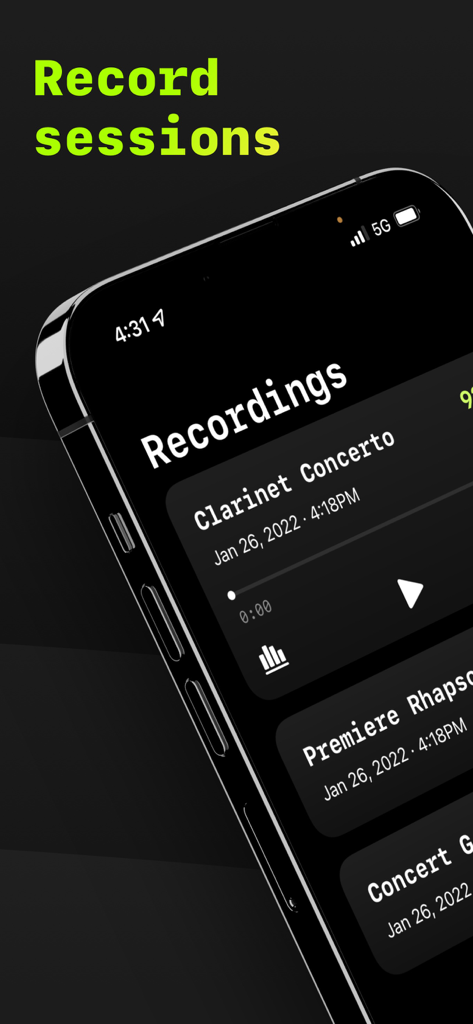 Écran de l'application Accordeur et Métronome Pitch Pro montrant une liste de sessions de pratique musicale enregistrées, y compris un concerto pour clarinette