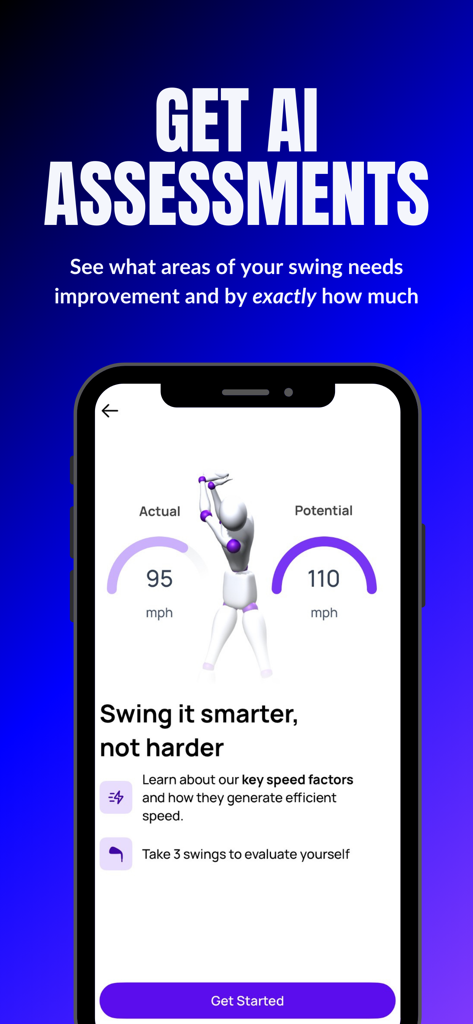 Sportsbox 3D Golf app interface showing an AI swing assessment with a 3D avatar and performance metrics like actual versus potential swing speed.