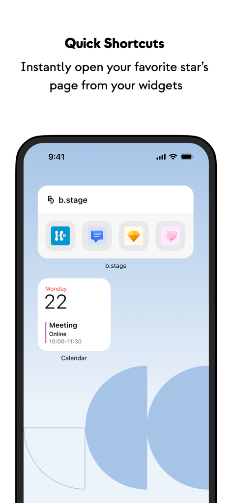 b.stage - iPhone-Startbildschirm zeigt b.stage-App-Widgets für schnelle Verknüpfungen zu Künstlerseiten und Community-Funktionen.