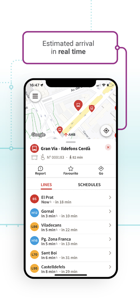 AMB Mobilitat (Picmi) - Interface of AMB Mobilitat app showing real time bus arrival times and a map of Barcelona