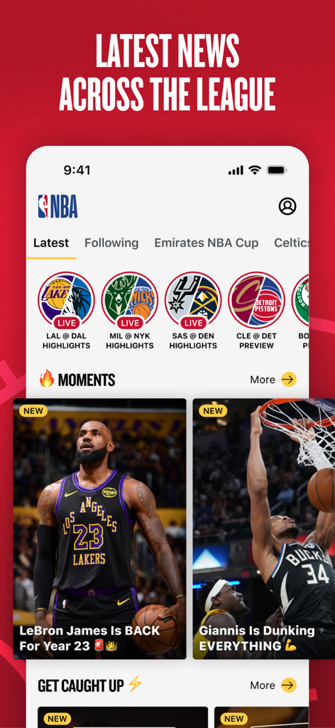 NBA app interface showing latest league news and player moments featuring LeBron James and Giannis Antetokounmpo