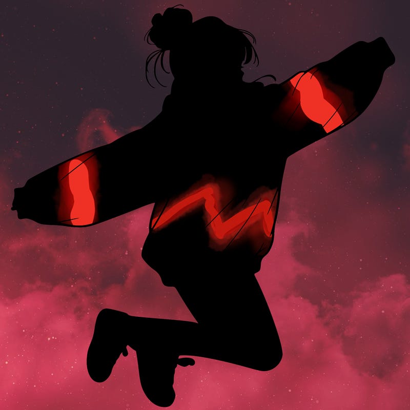 realistic girl jumping with a bun and oversized sweatshirt