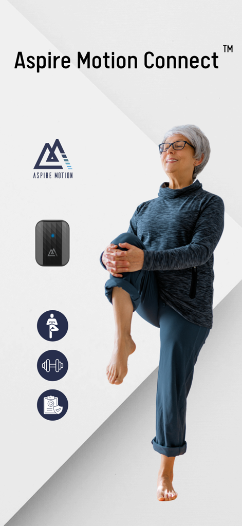 Aspire Connect - An older woman performing a balance exercise while using the Aspire Motion Connect app and sensor