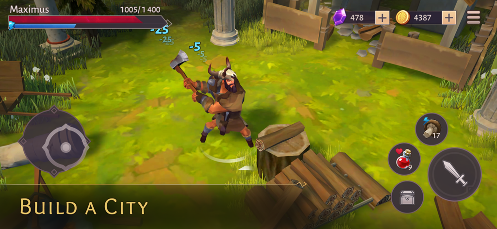 Gladiator Survival ・ Roman RPG - Maximus cortando leña para la construcción de la ciudad en el RPG Gladiadores Supervivencia en Roma