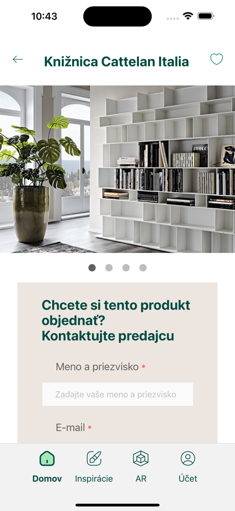 A mobile app screen for Virtual Dom displaying a modern white bookshelf with a contact form to order and a navigation bar featuring an AR tool.