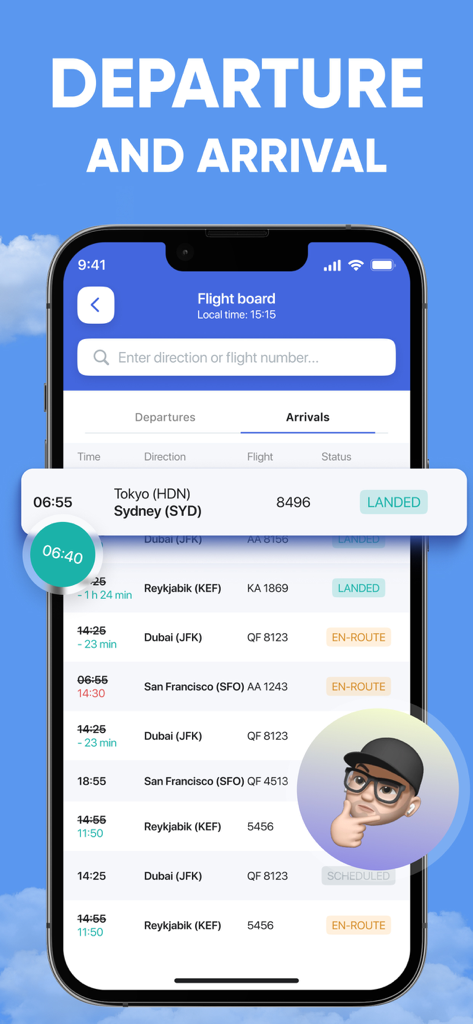 Flight Tracker Airplane Radar - Schermata dello smartphone che mostra una bacheca voli in tempo reale con stato di arrivo e partenza per rotte internazionali