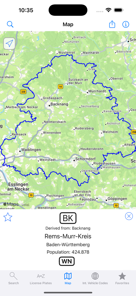 License Plate Finder - L'app Trova Targa mostra una mappa geografica e informazioni sul distretto per il codice di targa tedesco BK