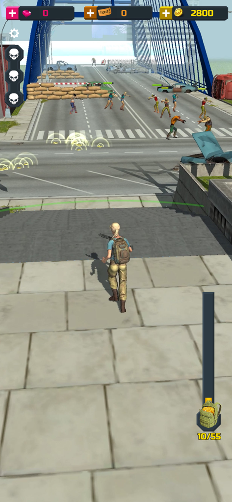 Third person gameplay view of a survivor character facing a group of zombies on an urban street