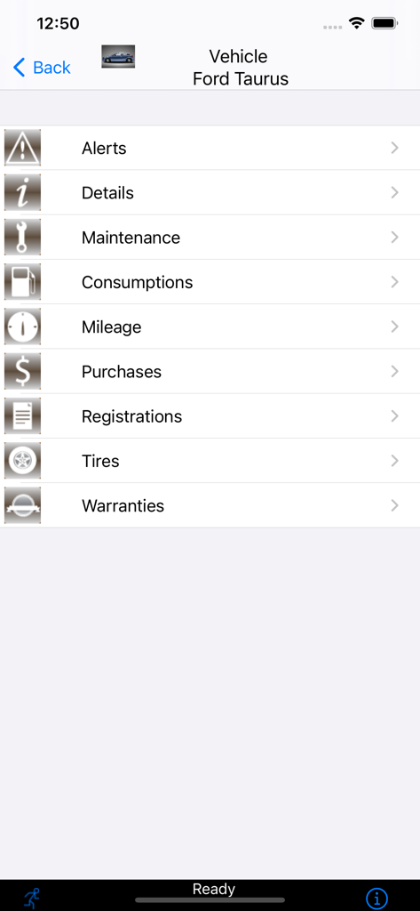 Vehicle Log - Menu principal do aplicativo Log de Veículo mostrando categorias de rastreamento para um Ford Taurus, incluindo quilometragem de manutenção e compras.
