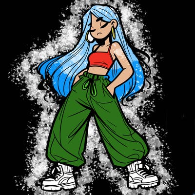 girl in baggy pants crop top and long hair