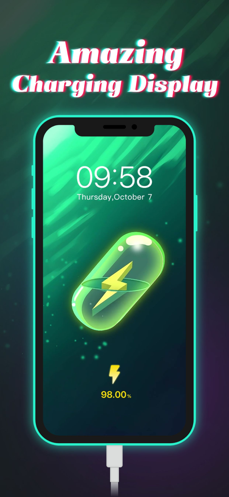 Smartphone screen showing a glowing green capsule charging animation with battery percentage
