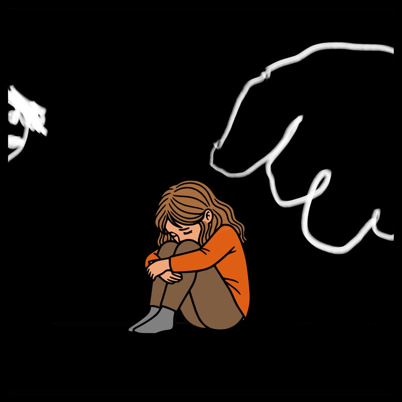 a detailed girl sitting and holding her knees , face in knees crying and nothing around her just blank