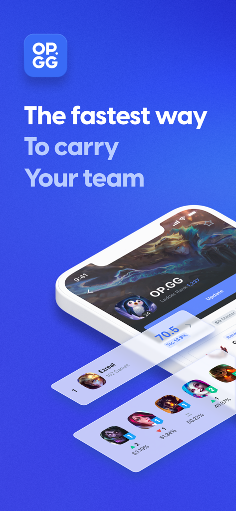 League of Legendsのプレイヤーランキングとチャンピオンパフォーマンスデータを示すOP.GGアプリのインターフェース