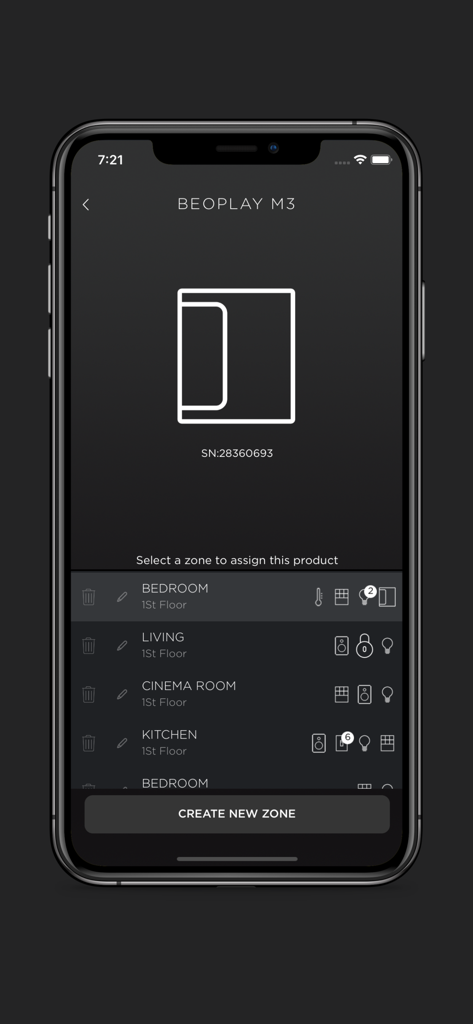 BeoLiving - BeoLiving app interface for assigning a Beoplay M3 speaker to home zones like the cinema room or bedroom