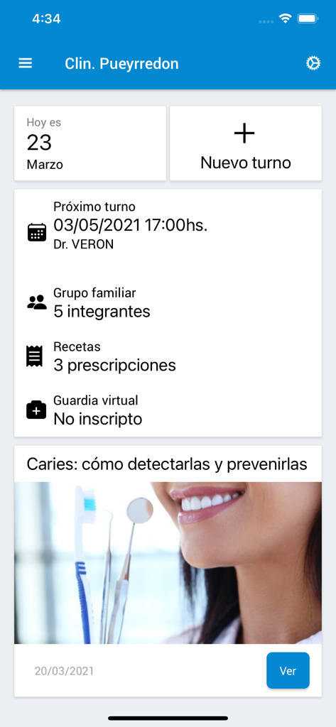Clinica Pueyrredon - The main dashboard of the Clinica Pueyrredon app featuring medical appointments, family management, and health articles.