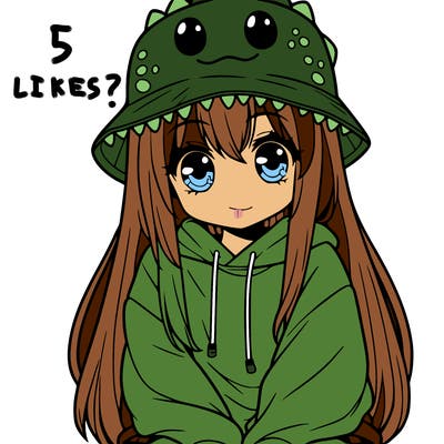 girl with anime shaped eyes with a dinosaur bucket hat oversized sweatshirt long straight hair