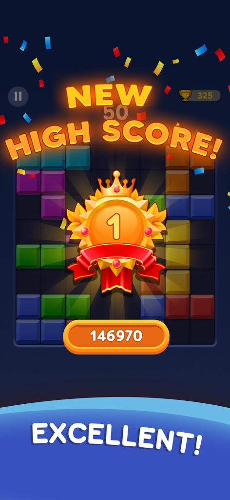 Block Blast Puzzle-Spiel-Highscore-Bildschirm mit einer goldenen Trophäenmedaille und bunten Gitterblöcken