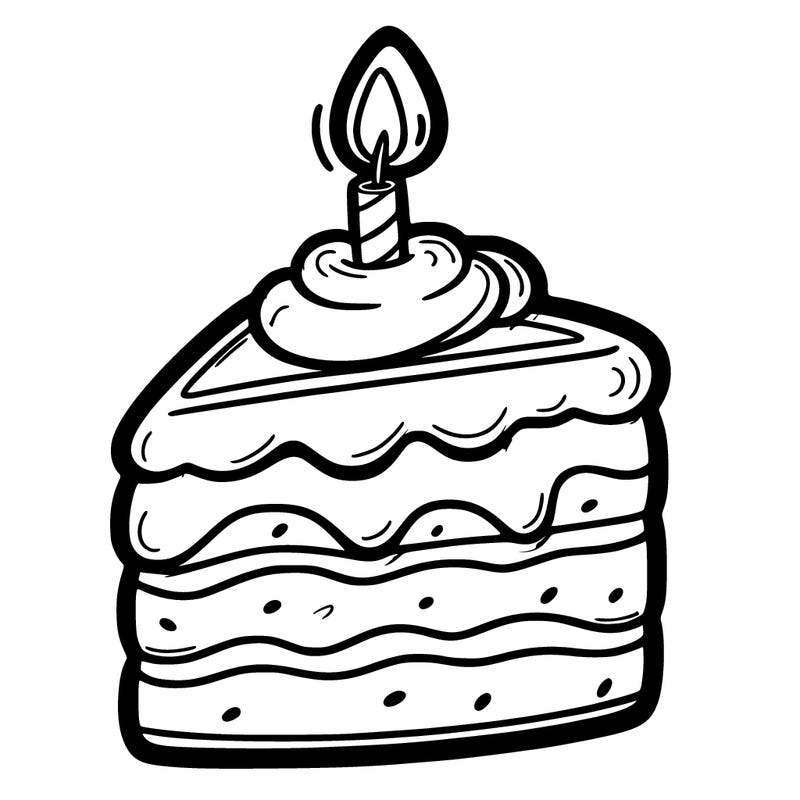 a slice of cake with bold frosting and a candle on top.