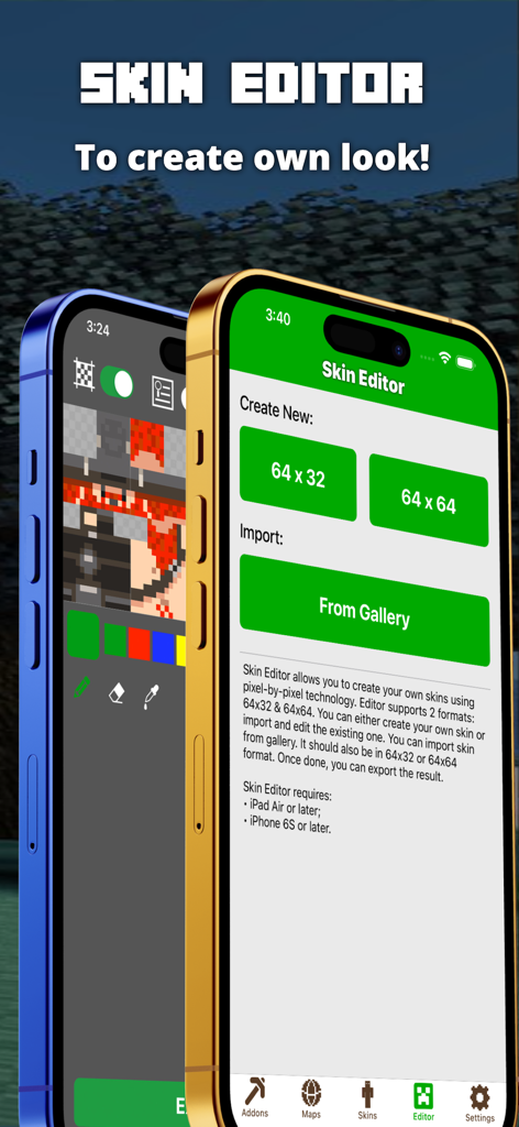 마인크래프트 PE용 모드 앱에서 사용자 정의 캐릭터 모습을 만드는 스킨 에디터 인터페이스.