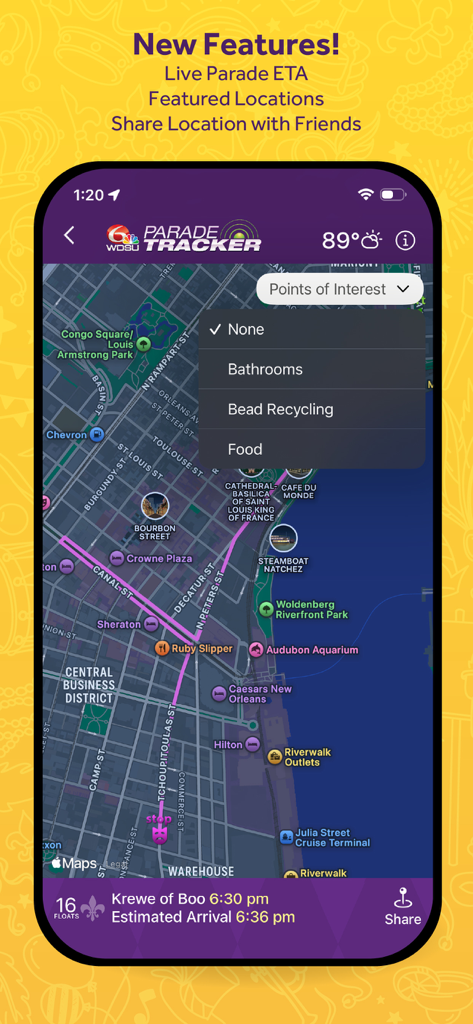 WDSU Parade Tracker app map view showing New Orleans parade route and points of interest menu