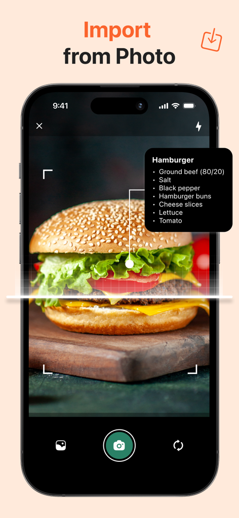 Recipic: Recipe Keeper & Cook - A smartphone using the Recipic app to scan a photo of a hamburger and automatically list its ingredients.