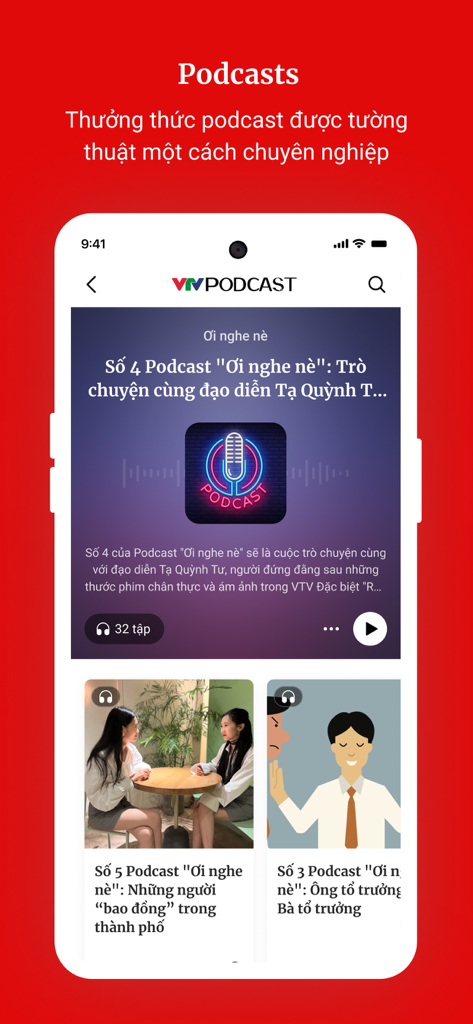 VTV Onlineアプリのポッドキャストセクション。ベトナム語のオーディオストーリーやプロのナレーションが紹介されています。