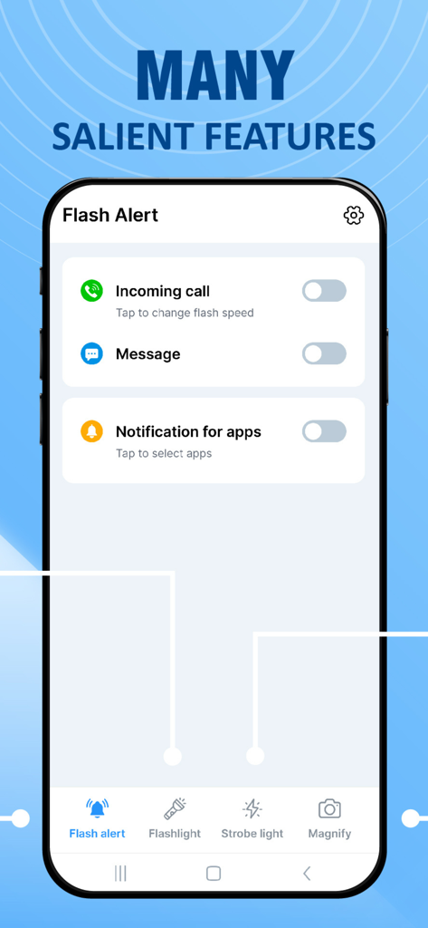 Flashlight app screen showing toggle options for flash alerts on calls and messages