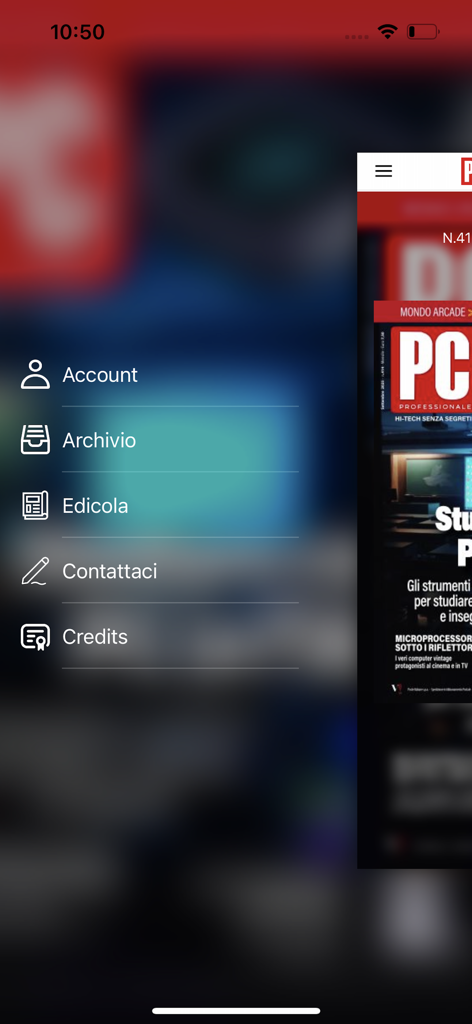Navigation menu for the PC Professionale Digital magazine app showing categories like Account, Archive and Newsstand