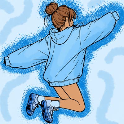 realistic girl jumping with a bun and oversized sweatshirt