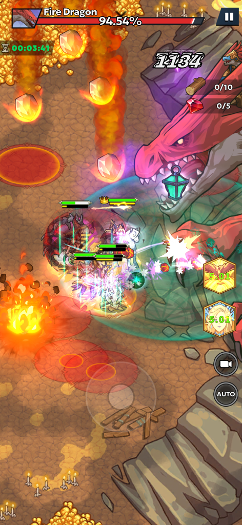 Fortias Saga: Idle RPG - A squad of anime heroes battling a giant Fire Dragon boss in Fortias Saga Idle RPG.