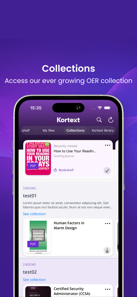 Kortext - The Kortext app collections screen displaying various digital academic textbooks and study materials on a smartphone.