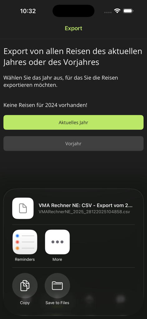 VMA Rechner NE - Tela do aplicativo VMA Rechner NE exibindo opções para exportar dados de viagens de negócios como um arquivo CSV