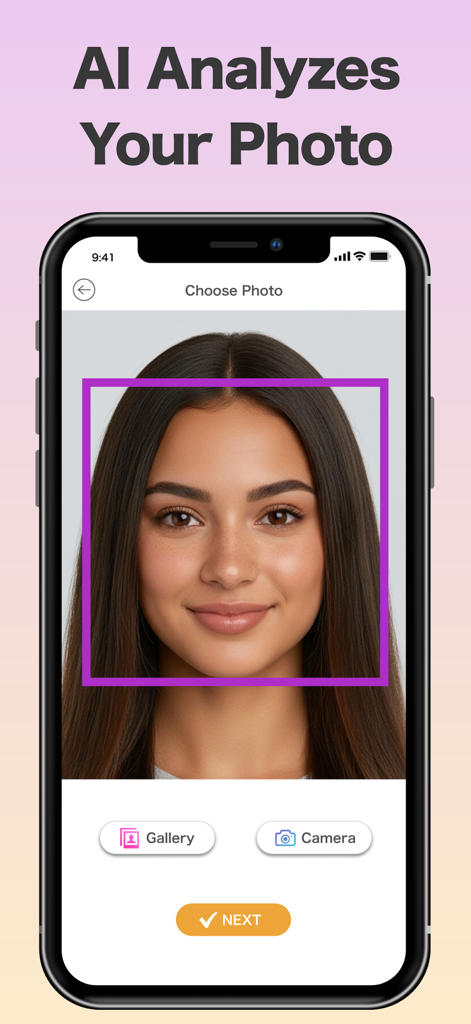 Smartphone screen showing the AI face recognition feature analyzing a woman's portrait photo.