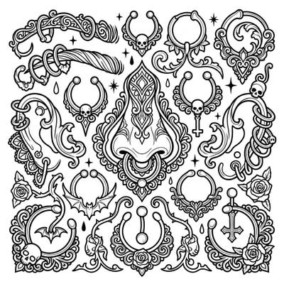 Dive into the mysterious world of gothic fashion with this unique body jewelry coloring page. Explore a stunning collection of ornate piercings, ear cuffs, and rings adorned with dark elegance.