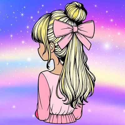 realistic girl  with hip length hair a bun and a big bow on the back of head
