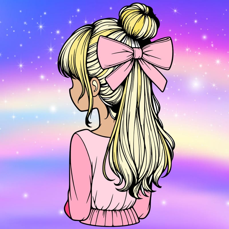 realistic girl  with hip length hair a bun and a big bow on the back of head