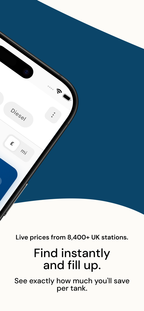PumpSaver: Live UK Fuel Prices - PumpSaver Mobile App-Oberfläche mit Live-Kraftstoffpreisen in Großbritannien und Tankstelleneinsparungen