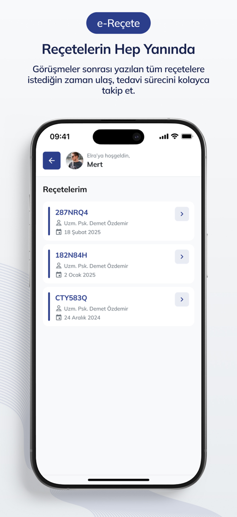 Elra: Sağlık Olsun - Un teléfono inteligente que muestra la pantalla del historial de recetas electrónicas de la aplicación de salud Elra con una lista de registros médicos digitales en turco