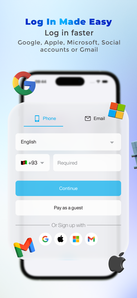 HesabPay - HesabPay mobile app login screen featuring easy sign in options for Google Apple and Microsoft accounts